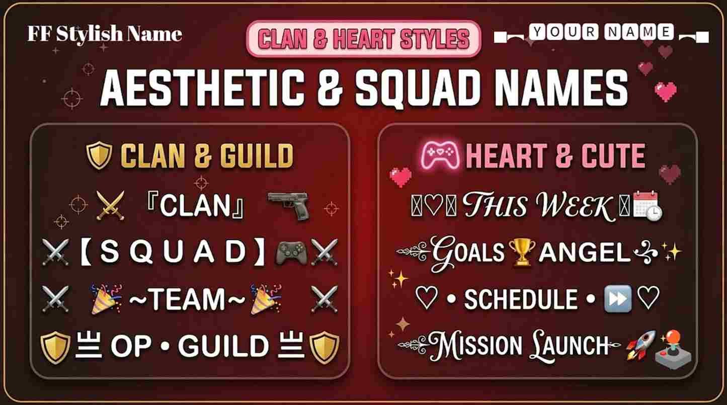 FF stylish name symbol categories including VIP, clan, weapon and heart styles