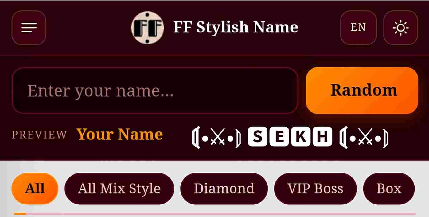 FF stylish name generator showing live styled nickname cards with copy button